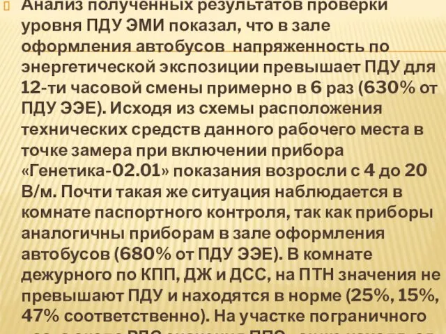 Анализ полученных результатов проверки уровня ПДУ ЭМИ показал, что в зале