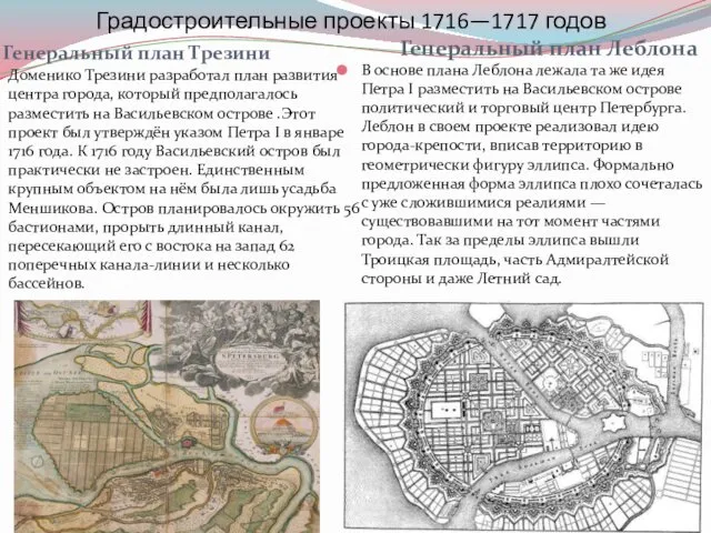 Градостроительные проекты 1716—1717 годов Генеральный план Трезини Генеральный план Леблона Доменико