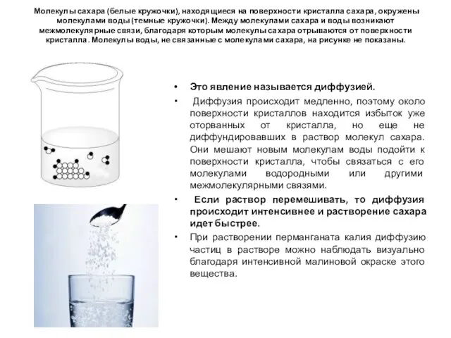 Молекулы сахара (белые кружочки), находящиеся на поверхности кристалла сахара, окружены молекулами