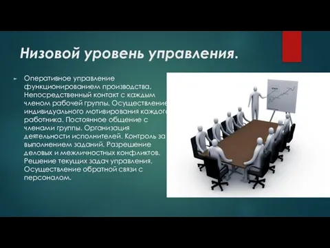 Низовой уровень управления. Оперативное управление функционированием производства. Непосредственный контакт с каждым