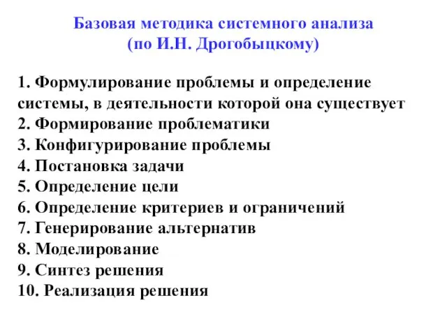 Базовая методика системного анализа (по И.Н. Дрогобыцкому) 1. Формулирование проблемы и