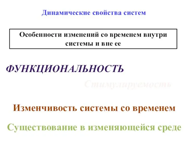 Динамические свойства систем Особенности изменений со временем внутри системы и вне