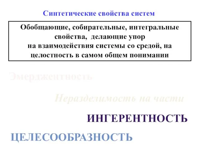 Синтетические свойства систем Обобщающие, собирательные, интегральные свойства, делающие упор на взаимодействия