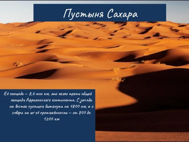 Пустыня Сахара Её площадь — 8,6 млн км, это около трети