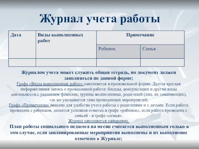 Журнал учета работы Журналом учета может служить общая тетрадь, но документ