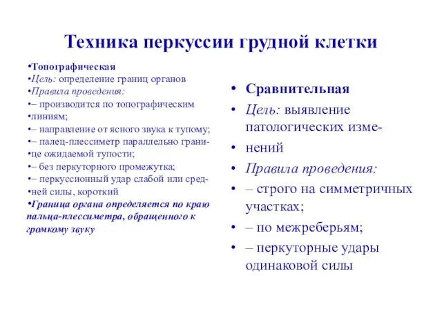 Техника перкуссии грудной клетки Топографическая Цель: определение границ органов Правила проведения: