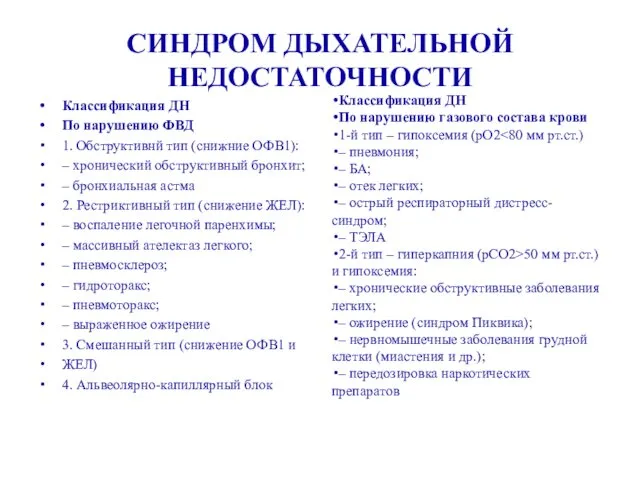 СИНДРОМ ДЫХАТЕЛЬНОЙ НЕДОСТАТОЧНОСТИ Классификация ДН По нарушению ФВД 1. Обструктивнй тип