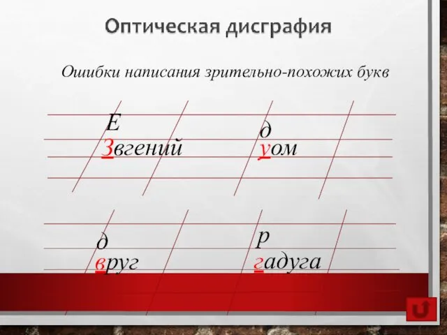 Ошибки написания зрительно-похожих букв Звгений уом Е д вруг гадуга д р