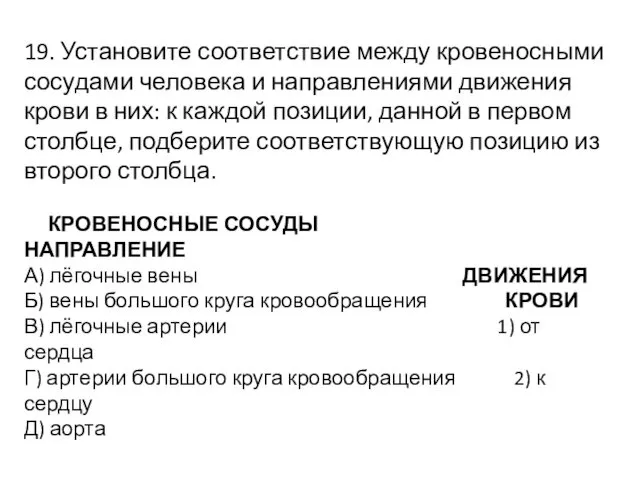 19. Установите соответствие между кровеносными сосудами человека и направлениями движения крови