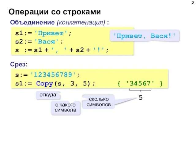 Операции со строками Объединение (конкатенация) : s1:= 'Привет'; s2:= 'Вася'; s