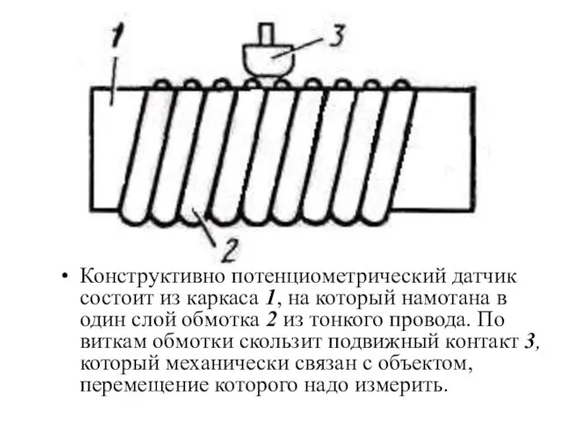 Конструктивно потенциометрический датчик состоит из каркаса 1, на который намотана в