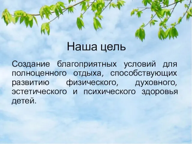 Наша цель Создание благоприятных условий для полноценного отдыха, способствующих развитию физического,