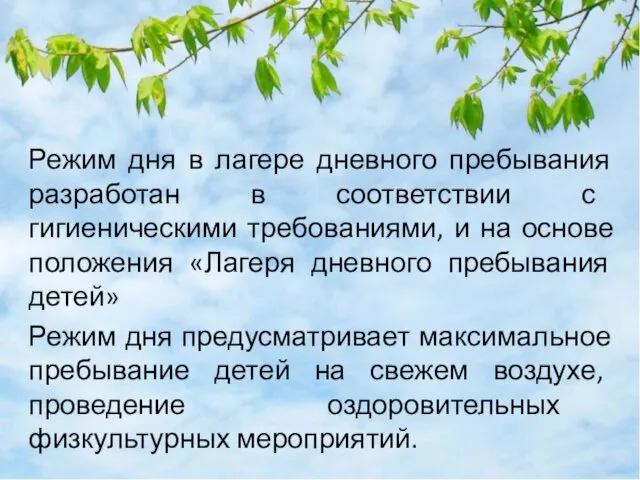 Режим дня в лагере дневного пребывания разработан в соответствии с гигиеническими