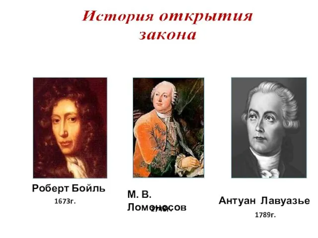 1789г. Роберт Бойль 1673г. 1748г. М. В. Ломоносов Антуан Лавуазье