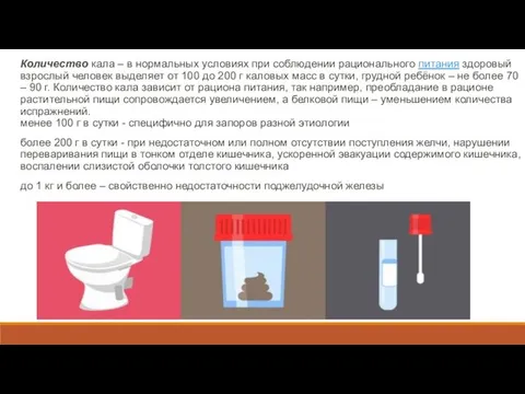 Количество кала – в нормальных условиях при соблюдении рационального питания здоровый