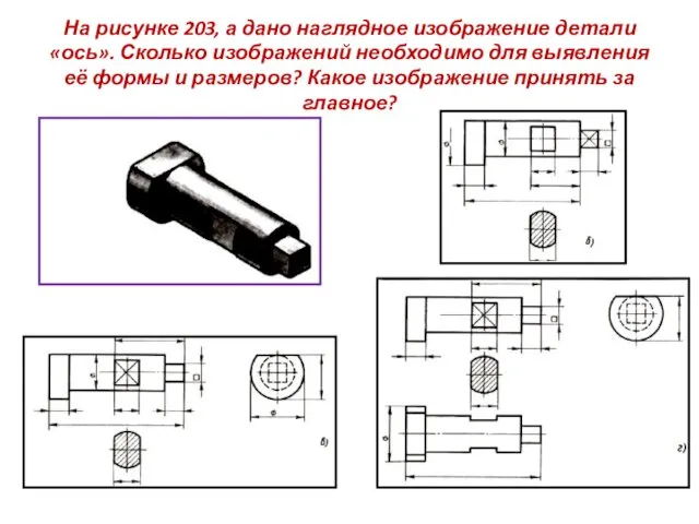 На рисунке 203, а дано наглядное изображение детали «ось». Сколько изображений