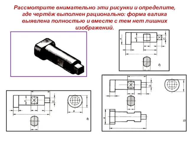 Рассмотрите внимательно эти рисунки и определите, где чертёж выполнен рационально: форма