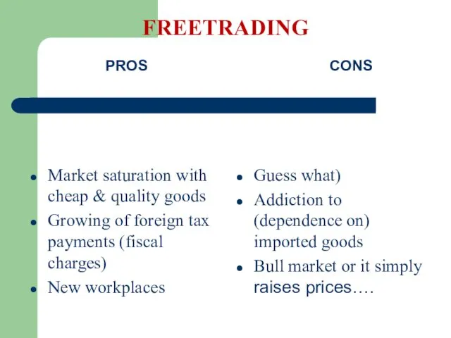 FREETRADING PROS Market saturation with cheap & quality goods Growing of