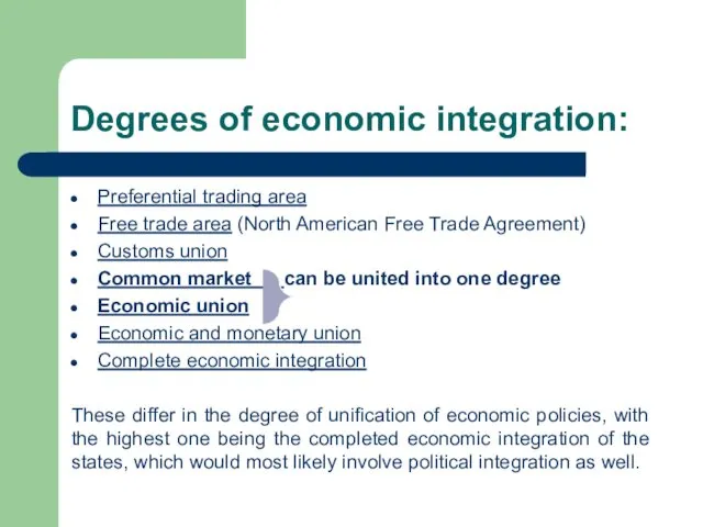 Degrees of economic integration: Preferential trading area Free trade area (North