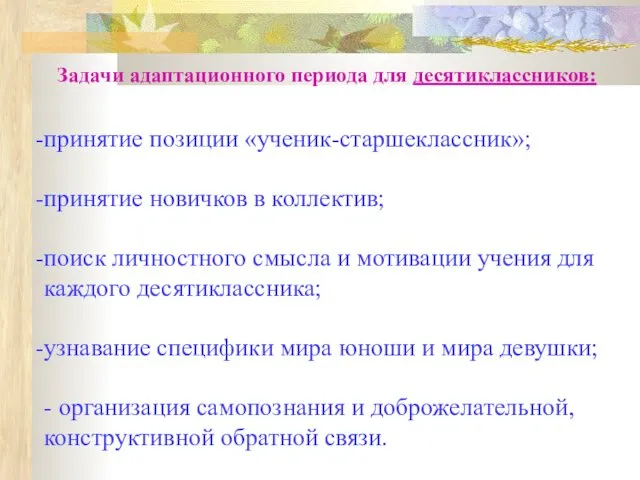 принятие позиции «ученик-старшеклассник»; принятие новичков в коллектив; поиск личностного смысла и