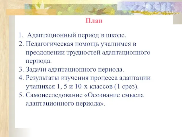 План 1. Адаптационный период в школе. 2. Педагогическая помощь учащимся в