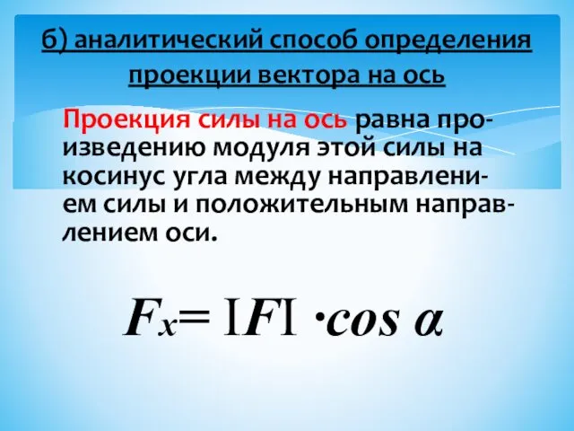 Проекция силы на ось равна про-изведению модуля этой силы на косинус