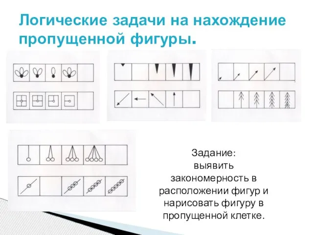 Логические задачи на нахождение пропущенной фигуры. Задание: выявить закономерность в расположении