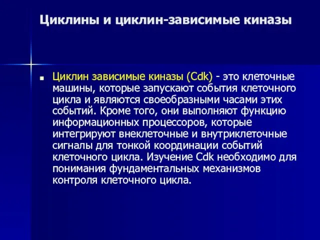 Циклины и циклин-зависимые киназы Циклин зависимые киназы (Cdk) - это клеточные