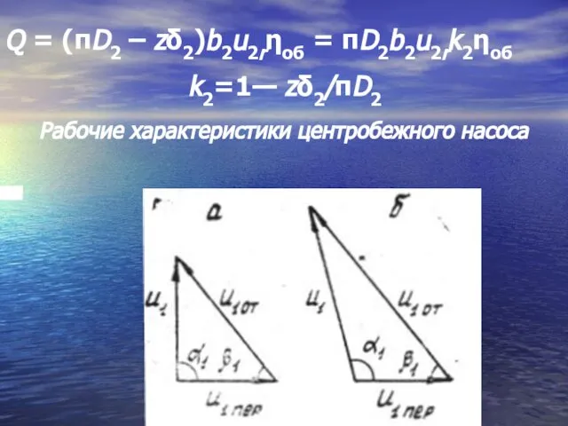 Q = (πD2 – zδ2)b2u2rηоб = πD2b2u2rk2ηоб k2=1— zδ2/πD2 Рабочие характеристики центробежного насоса