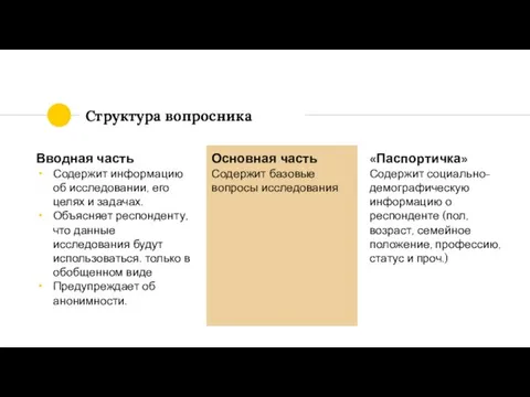 Структура вопросника Вводная часть Содержит информацию об исследовании, его целях и