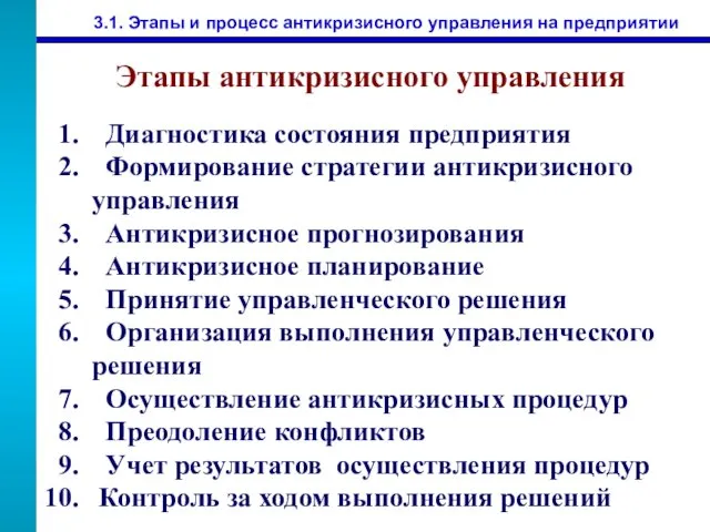 Этапы антикризисного управления Диагностика состояния предприятия Формирование стратегии антикризисного управления Антикризисное