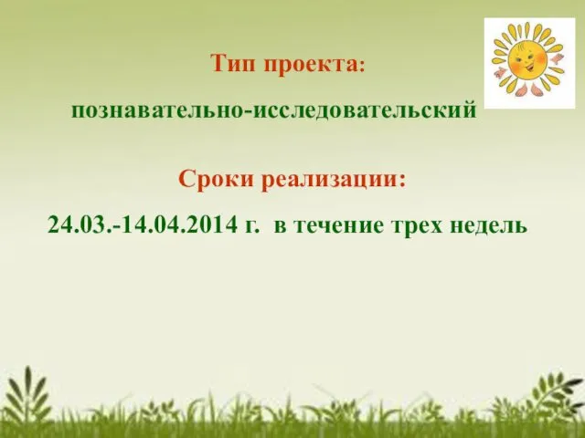 Тип проекта: познавательно-исследовательский Сроки реализации: 24.03.-14.04.2014 г. в течение трех недель