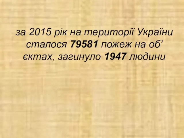 за 2015 рік на території України сталося 79581 пожеж на об’єктах, загинуло 1947 людини