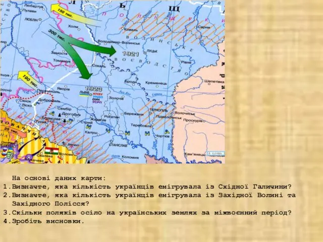 На основі даних карти: Визначте, яка кількість українців емігрувала із Східної