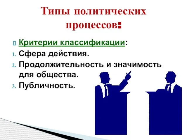 Критерии классификации: Сфера действия. Продолжительность и значимость для общества. Публичность. Типы политических процессов: