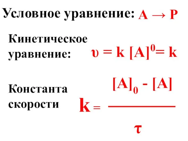 Условное уравнение: Константа скорости [A]0 - [A] k = τ А