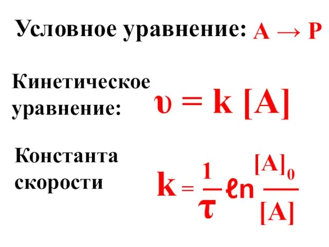 Условное уравнение: Константа скорости k = 1 τ [A]0 [A] ℓn