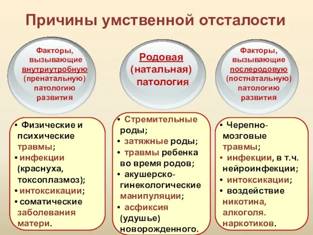 Причины умственной отсталости Факторы, вызывающие внутриутробную (пренатальную) патологию развития Родовая (натальная)