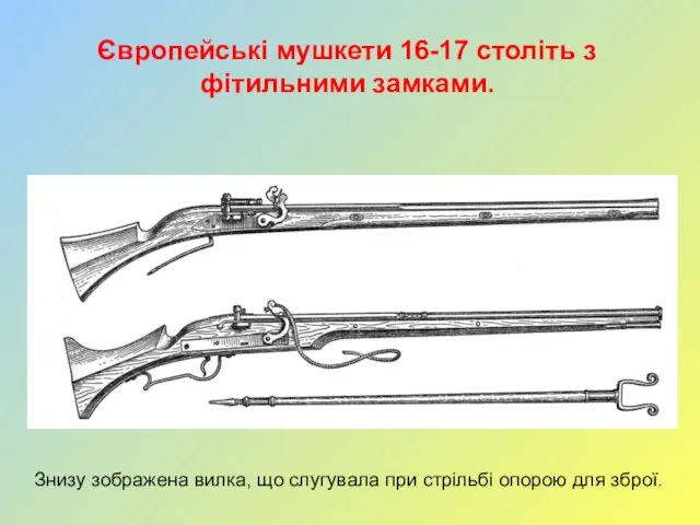 Європейські мушкети 16-17 століть з фітильними замками. Знизу зображена вилка, що