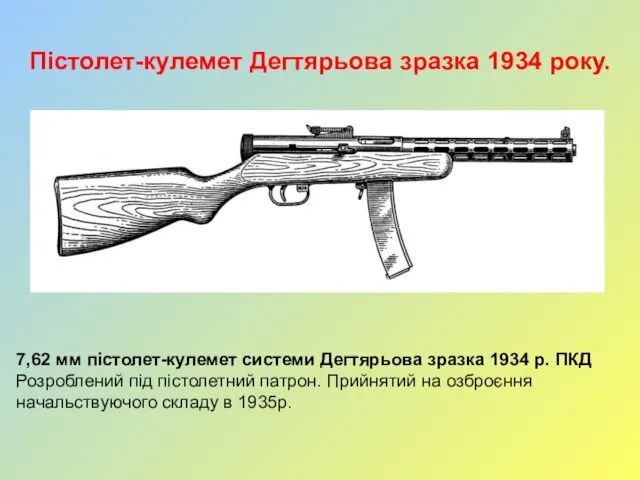 Пістолет-кулемет Дегтярьова зразка 1934 року. 7,62 мм пістолет-кулемет системи Дегтярьова зразка