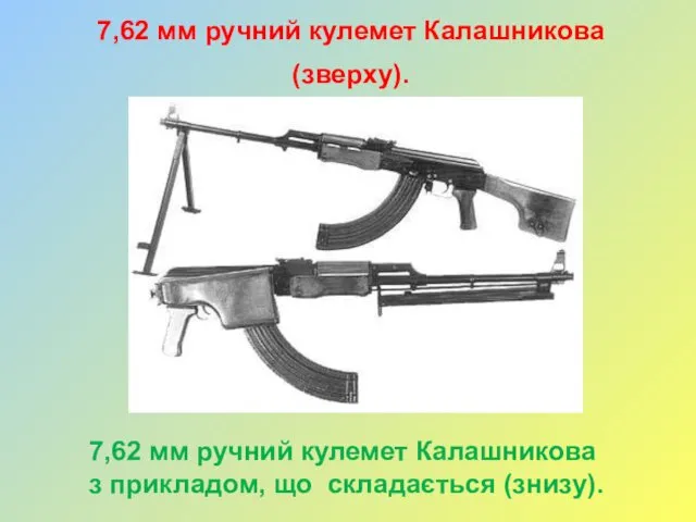 7,62 мм ручний кулемет Калашникова (зверху). 7,62 мм ручний кулемет Калашникова з прикладом, що складається (знизу).