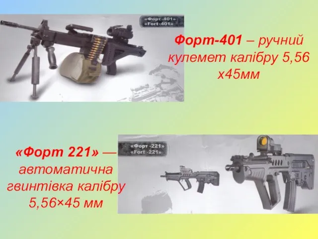 Форт-401 – ручний кулемет калібру 5,56х45мм «Форт 221» — автоматична гвинтівка калібру 5,56×45 мм