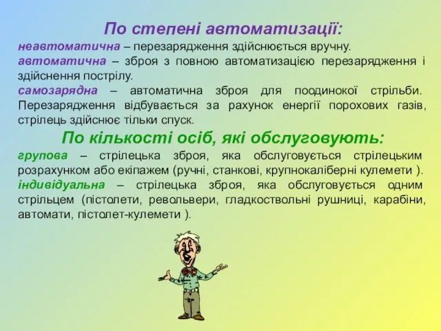 По степені автоматизації: неавтоматична – перезарядження здійснюється вручну. автоматична – зброя