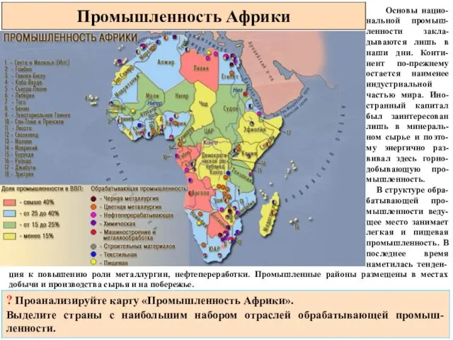 Промышленность Африки Основы нацио-нальной промыш-ленности закла-дываются лишь в наши дни. Конти-нент