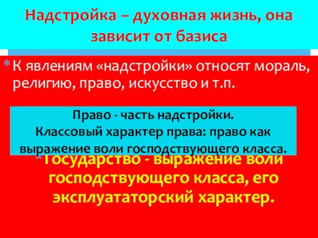 К явлениям «надстройки» относят мораль, религию, право, искусство и т.п. Государство