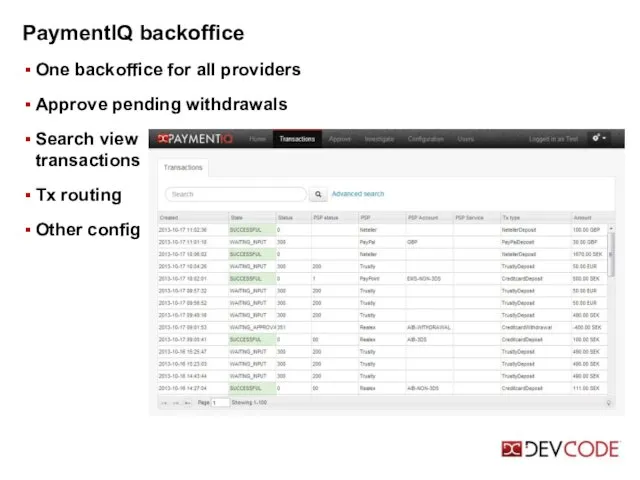 PaymentIQ backoffice One backoffice for all providers Approve pending withdrawals Search