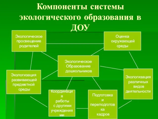 Компоненты системы экологического образования в ДОУ Экологизация развивающей предметной среды Координация