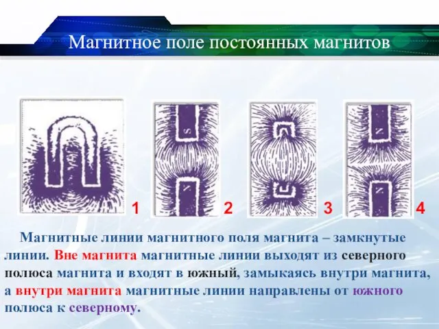 Магнитное поле постоянных магнитов Магнитные линии магнитного поля магнита – замкнутые