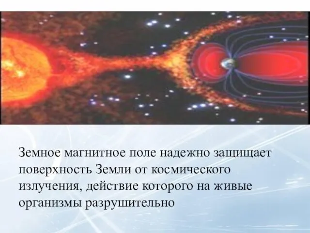 Земное магнитное поле надежно защищает поверхность Земли от космического излучения, действие которого на живые организмы разрушительно