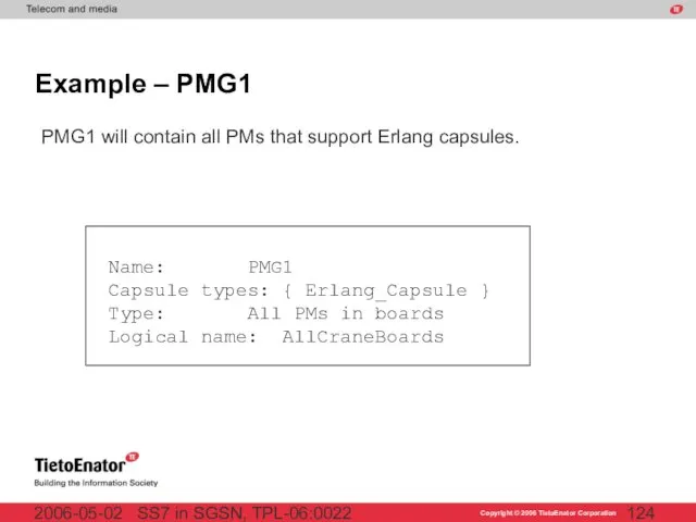 SS7 in SGSN, TPL-06:0022 2006-05-02 Example – PMG1 PMG1 will contain